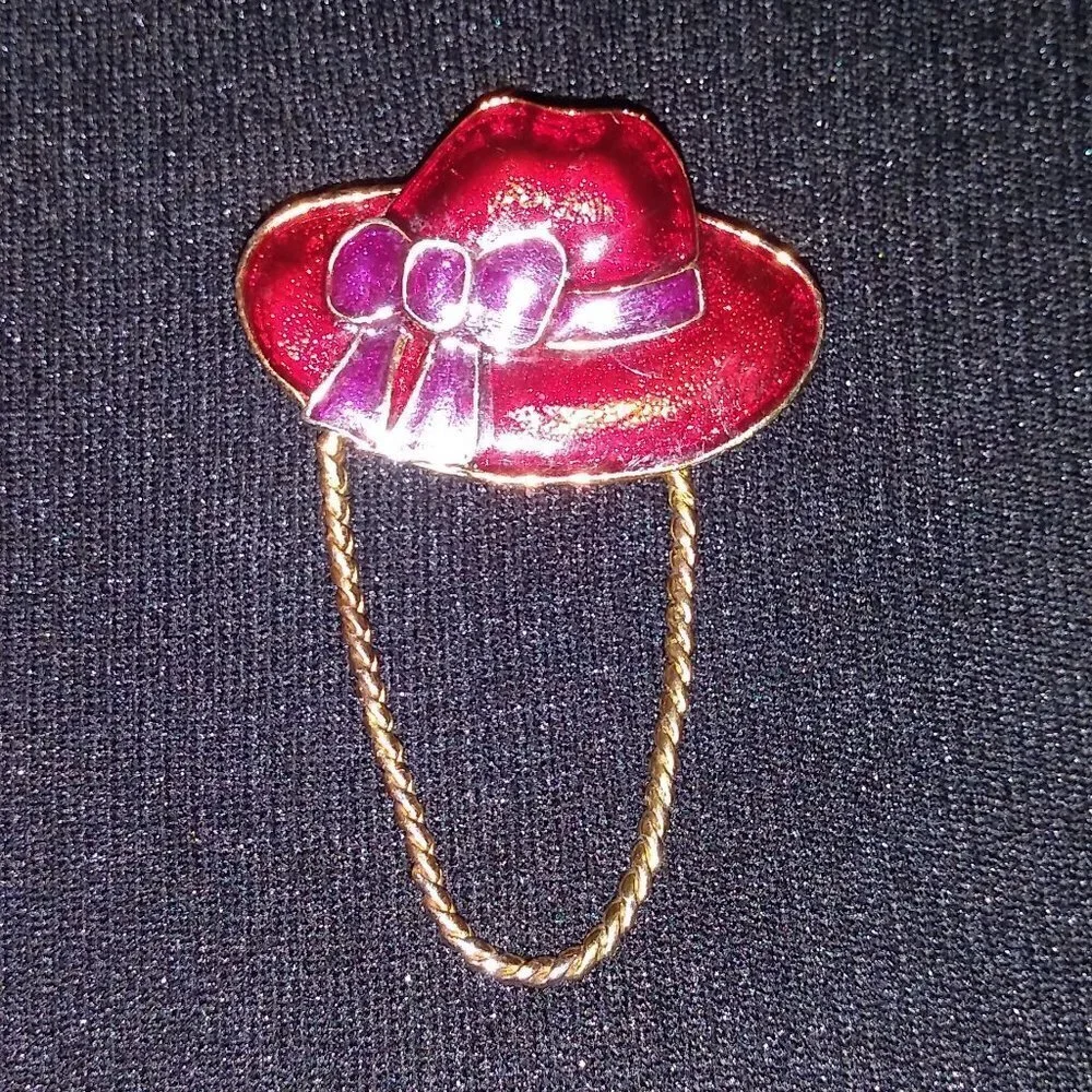 Red hat enamel pin brooch chained Red Hat society red gold purple beautiful